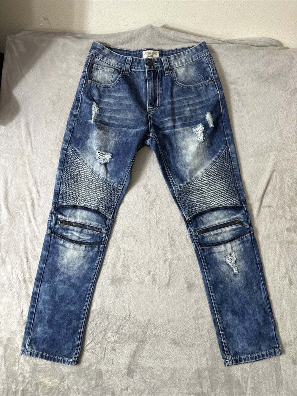 Smoke Rise Jeans Men 32x32 Blue Moto Biker Distressed Ribbed Zipper Y2K